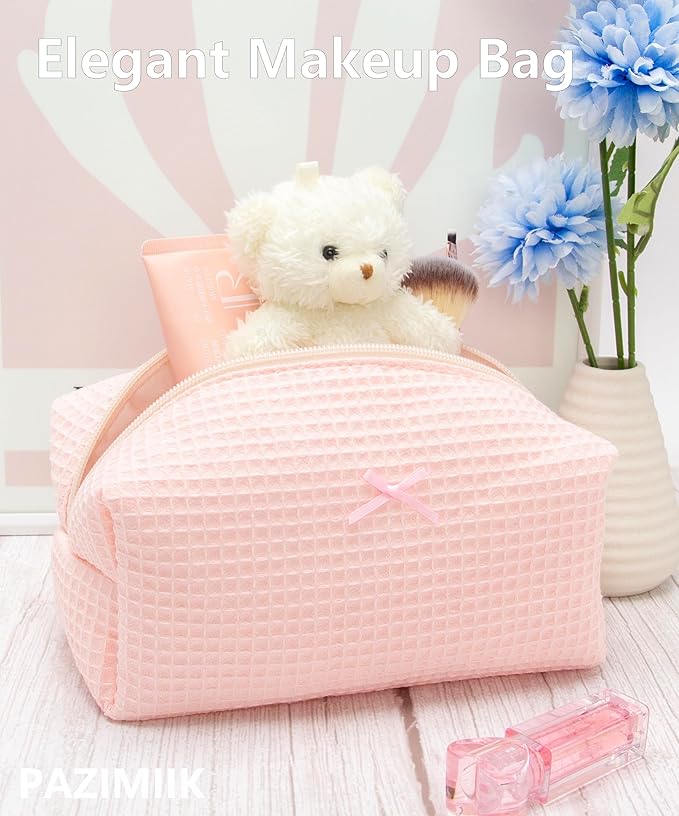 6PCS Cozy Makeup Bag Travel Cosmetic Bag for Women Soft Toiletry Bag Aesthetic Makeup Organizer Portable Large Zipper Pouch for Skincare Beauty Accessories Brushes Waffle Check Light Pink