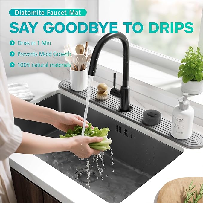 Stone Faucet Mat for Kitchen Sink – Diatomite Fast-Drying Stone Tray, Faucet Mat Sink Splash Guard, Decorative Sink Protector for Kitchen Bathroom Counter (Grey, 30''x3.9'')