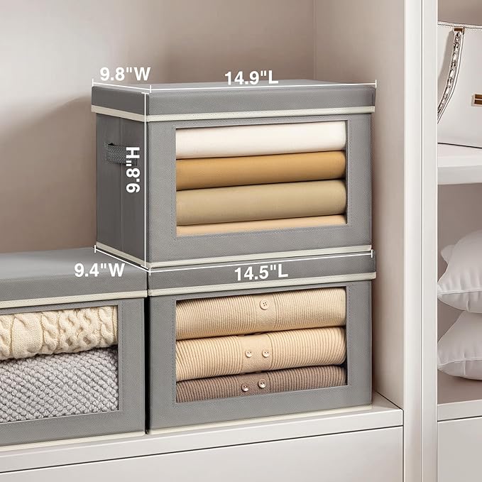 Collapsible Storage Bins with Lids, 4 Pack Closet Cubes for Organization, Fabric Storage Baksets with Window, Clothes Organizer bins for Home, Dorm, Grey
