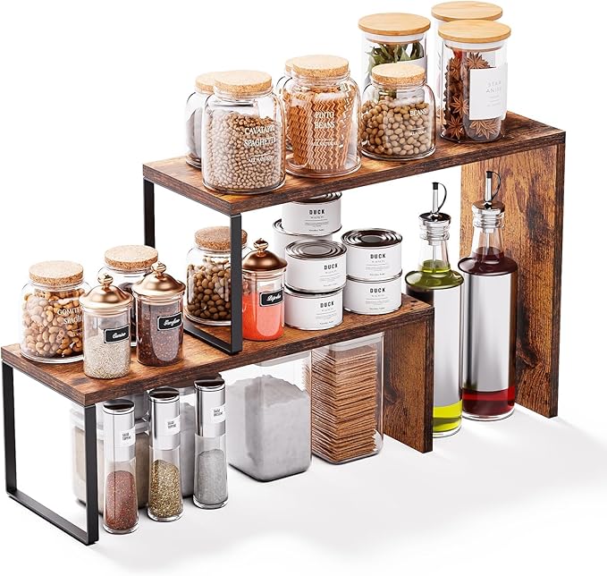 Kitchen Countertop Organizer, Spice Rack Cabinet Organizer Shelf Stackable Counter Corner Shelves Organization and Storage for Pantry, Countertop, Coffee Station Wood Rustic Brown