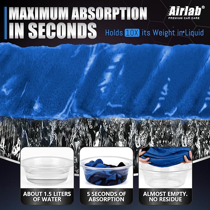 Airlab Microfiber Towels for Car Wash Drying, Thick Plush Cleaning Cloths, Auto Detailing Super Absorbent for Interior & Exterior, Lint-Free, Streak-Free, 35 x 24 Inch, 500 GSM, Pack of 2