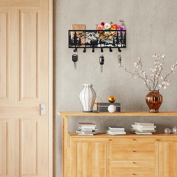Deer Metal Wall Mail Organizer Wall Mounted Key and Mail Holder Mail Basket Hanging Mail Sorter and Key Organizer for Entryway Bedroom Bathroom Kitchen