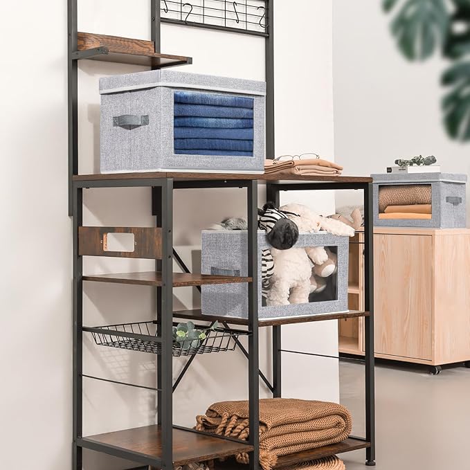 Stackable Storage Bins with Lids - Medium Storage Box with Lids, Foldable Storage Bins, Wardrobe Clothes Organizer with Window, Cubes Storage Bins for Living Room, 6 Pack, Blended