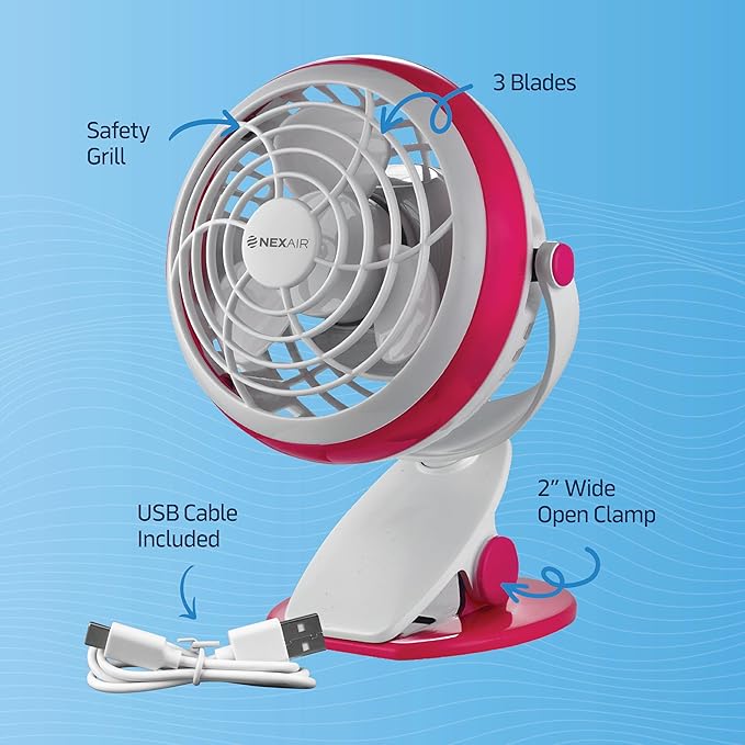 4" Clip or Desk Fan, USB or Battery Powered, 4 inch, Single Speed Setting, Adjustable Tilt, Lightweight, Ideal for Home, Bedroom, Office, or Dorm