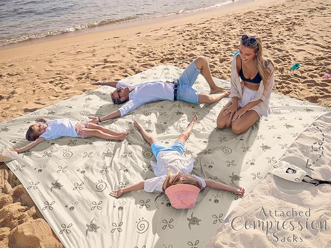 WEKAPO Beach Blanket Waterproof Sandproof Oversized Extra Large Sand Free Beach Mat with Stakes, Storage Bag - Essentials for Outdoor Beach, Picnic (Light Small Sea Turtle, 8 X 7 FT (1~4 Person))