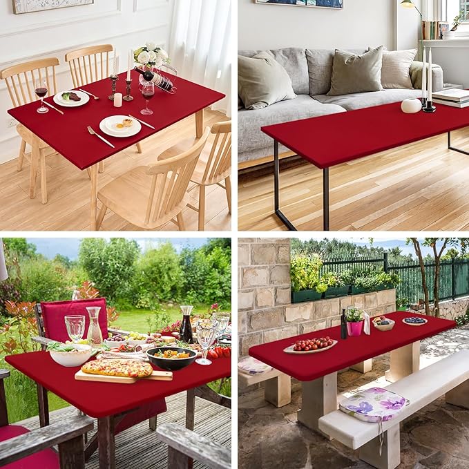 Fitted Rectangle Tablecloth 30 x 72 Inch Elastic Table Cloth for 6ft Table, Stretch Spandex Table Cover Burgundy Washable Polyester Table Top Cap Cover for Dining Picnic Camping Indoor and Outdoor