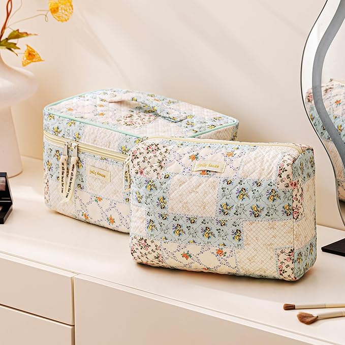 HBselect Quilted Makeup Bag, 3PCS Cotton Large Travel Makeup Bag, Cute Floral Coquette Make up Bag Cosmetic Bag Toiletry Bag for Women Girls