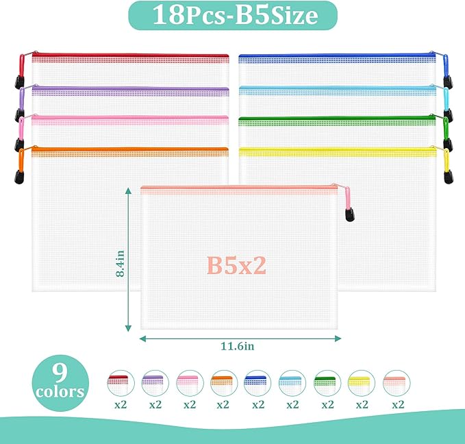 18pcs Mesh Zipper Pouch Bags, B5 Mesh Pouch, 9 Colors Zipper Pouches for Organizing, Travel Pouch, School Office Organize