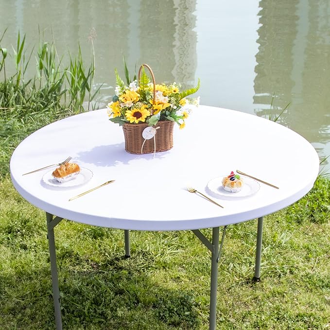 Round Fitted Table Cover Elastic Tablecloth 5ft Stretch Spandex Table Top Cover for Dining Indoor Outdoor Party White 60 Inch