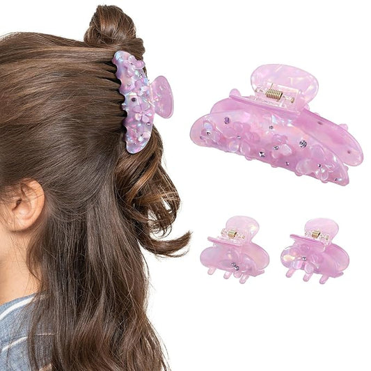 3PCS Acrylic Flower Hair Claw Clips - 2 Styles Durable Medium Small Claw Clips for Women, Strong Hold Cute Non Slip Stylish Accessories Decroation Buns for Thick Thin Hair (Purple)
