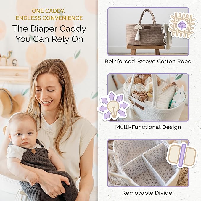 Baby Diaper Caddy Organizer, Portable Nursery Storage Basket with Sturdy Handle Diaper Caddy Basket, Car Caddy for Diapers and Baby Wipes, Newborn Essentials