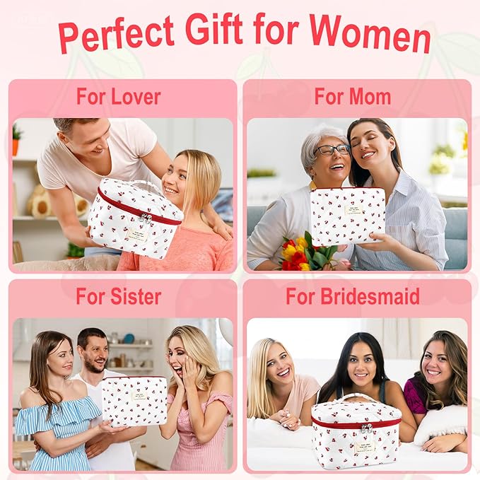 3Pc Cotton Quilted Makeup Bag for Women Extra Large Coquette Small Floral Travel Cosmetic Bag Set Cute Cherry Makeup Pouch Portable Toiletry Bag Organizer Vintage Puffy Essential Storage Bag