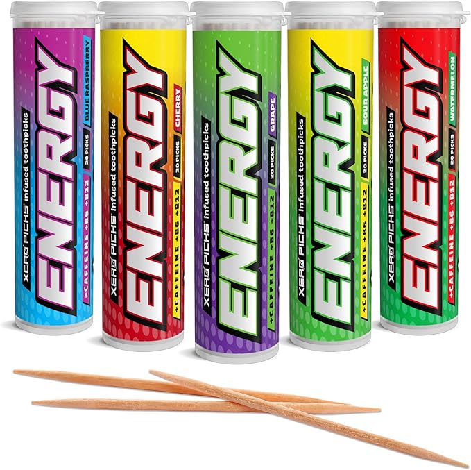 Xero Picks Energy Caffeine Flavored Toothpicks B12 for Focus & B6, 60 Picks (Pack of 5) (Variety Pack) Sugar-Free Alternative to Energy Mints & Gum - Kosher