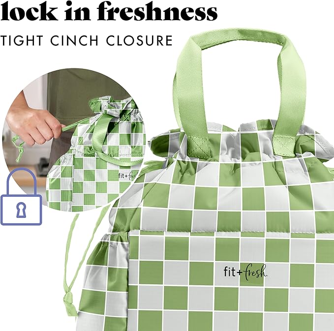 Fit & Fresh Cromwell Drawstring Lunch Bag for Women, Complete Lunch Set with 2 Containers, Stain-Resistant, Leak-Resistant, Back to School Essential, Teacher Lunchbox, Pistachio Checker Board