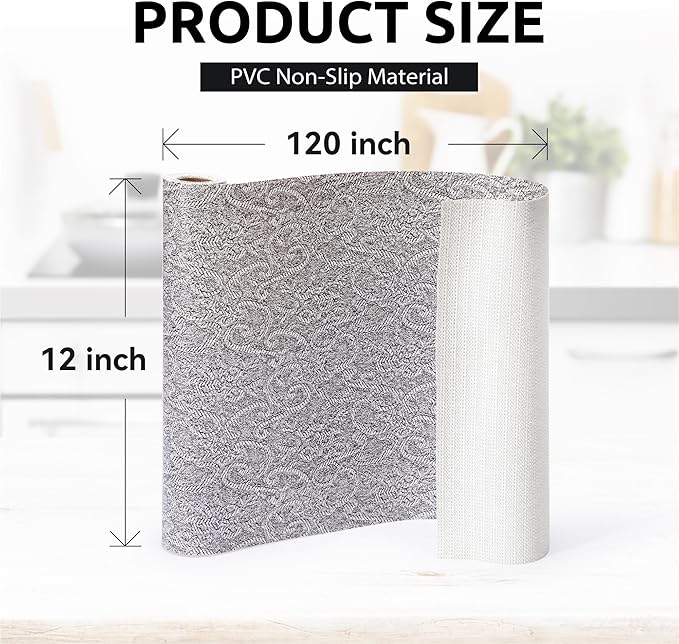 12X120 Inch Shelf Liner with Scissor & Tape Measure for Kitchen Cabinets, PVC Drawer Liner for Dresser Non-Slip Bathroom, Non-Adhesive Cabinet Liner Washable (Black)