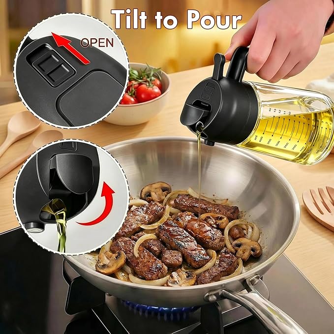 Poshetion 2 in 1 Olive Oil Sprayer for Cooking, 16oz Oil Dispenser for Kitchen, Leak-Proof Oil Spray Bottle for Air Fryer, Salad, BBQ, Baking, Grilling - Black & Black