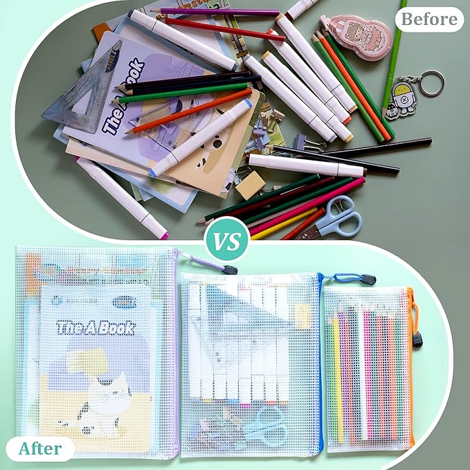 24pcs Mesh Zipper Pouch Bags Small, A5 9.4x7.1 Inches, 8 Colors Zipper Pouches for Classroom, Organizing Bags for Home, Office and Puzzle storage