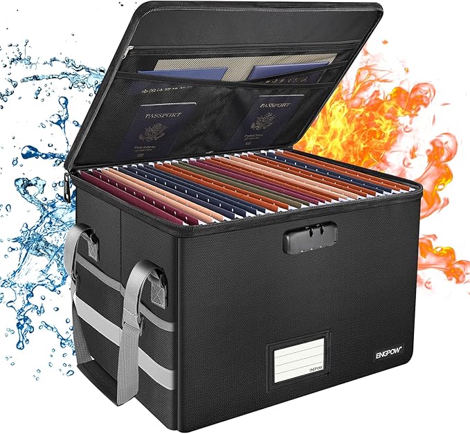 ENGPOW File Box with Lock, Fireproof Document Box with Zipper & Pockets, Collapsible File Organizer Filing Storage Cabinet with Handle, Portable Home Office Safe for Hanging Letter/Legal Folder, Black