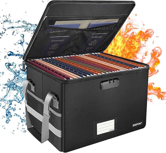 ENGPOW File Box with Lock, Fireproof Document Box with Zipper & Pockets, Collapsible File Organizer Filing Storage Cabinet with Handle, Portable Home Office Safe for Hanging Letter/Legal Folder, Black