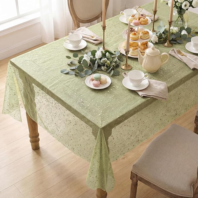 Horaldaily Sage Green Gauze Tablecloth 60x84 Inch Rectangular, Golden Sequin Glitter Metallic Foil, Sheer Tulle Cheesecloth for Wedding Baby Shower Ceremony Birthday
