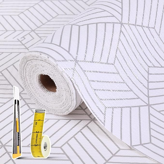 Shelf Liners for Kitchen Cabinets Non Adhesive Shelf Liner Paper Non-Slip Thickened Drawer Liner Easy to Clean for Tool Box Refrigerator with Knife and Tape Measure, Silver Geometric, 23.6 x 236.2 in