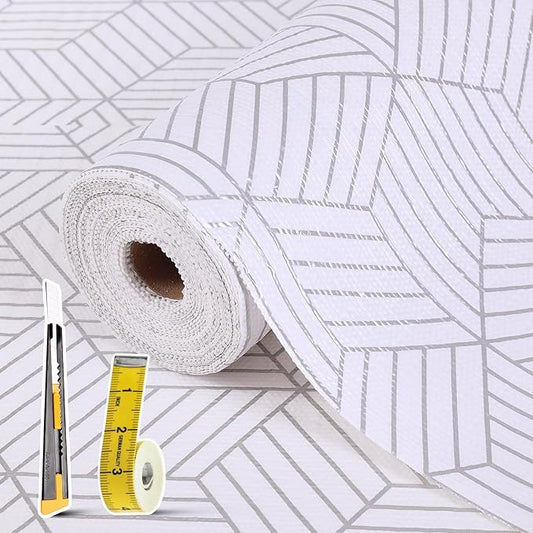 Shelf Liners for Kitchen Cabinets Non Adhesive Shelf Liner Paper Non-Slip Thickened Drawer Liner Easy to Clean for Tool Box Refrigerator with Knife and Tape Measure, Silver Geometric, 17.3 x 236.2 in