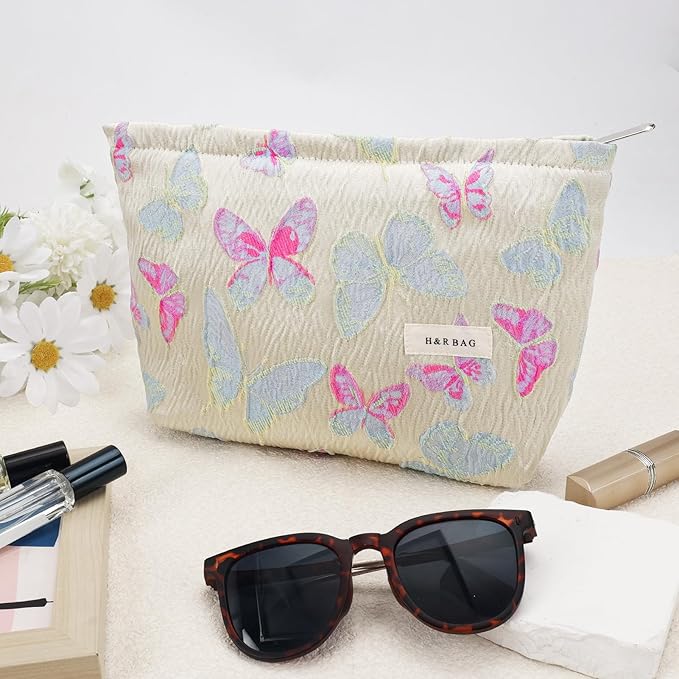 ZLFSRQ Butterfly Makeup Bag for Women Cute Cosmetic Bag Large Colorful Travel Toiletry Bags Embroidery Zipper Makeup Pouch for Purse Aesthetic Skincare Storage Organizer Gift Portable Toiletry Bags