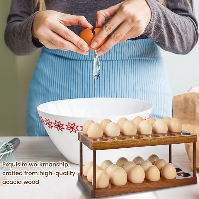 Wooden Double Layer Egg Holder - Farmhouse Kitchen Acacia Egg Tray Organizer - 2 Tier Fresh Egg Storage Rack Basket for Countertop, 36 Capacity