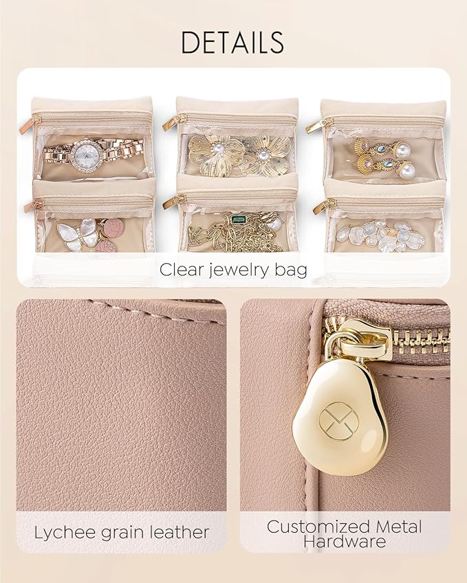 Vlando Travel Jewelry Organizer,Jewelry Travel Case with 6 Velvet Zipper Jewelry Bags Gift Ideas for Birthday Wedding Graduation-Tan