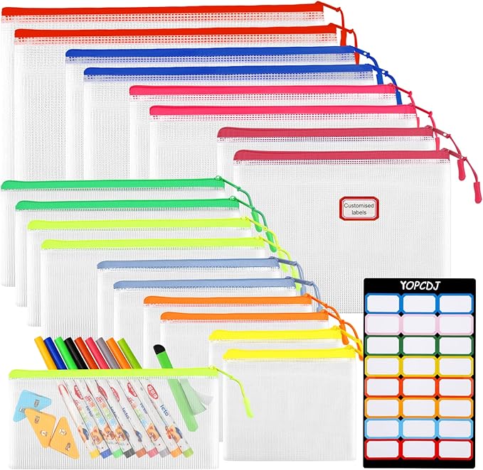 18PCS Mesh Zipper Pouch Bags, Zipper Bags for Office Supplies,9 Colors for Puzzles Board Game Storage, 8 Sizes for Reusable Plastic Zip Organizer for Travel