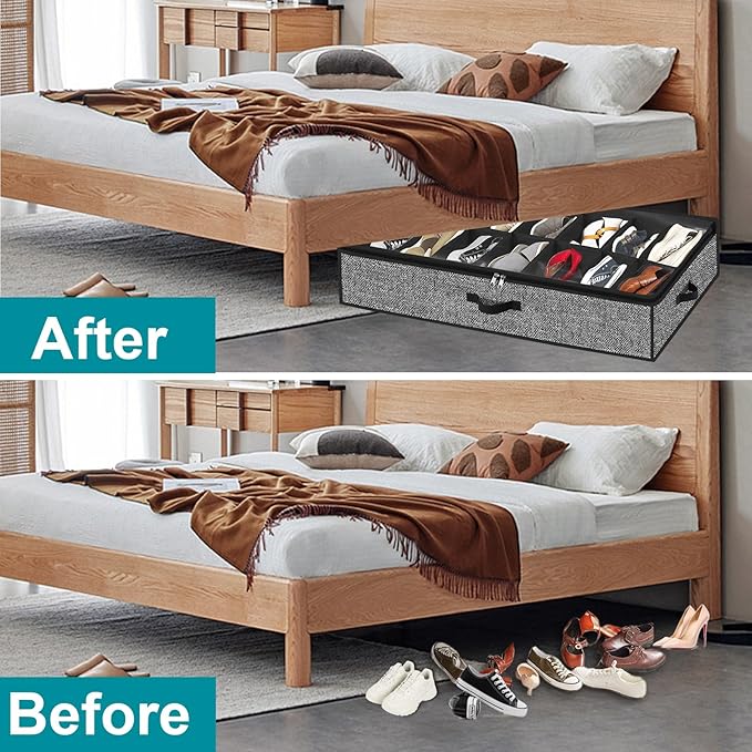 Under Bed Shoe Storage Organizer for Closet, 2 Pack - Fits 28 Pairs, Underbed Shoe Container Boxes with 2 Sturdy Handles and Clear Window, Black