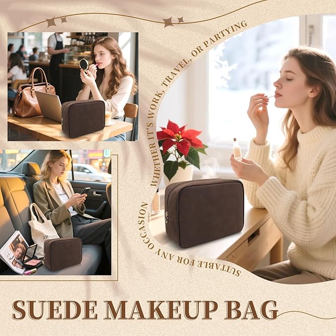 Small Makeup Pouch for Purse, Suede Travel Toiletry Storage Pouch Cute Preppy Cosmetic Bag for Women Girls, Waterproof Makeup Organizer Skincare Bag Purse with Zipper (Small-Coffee)