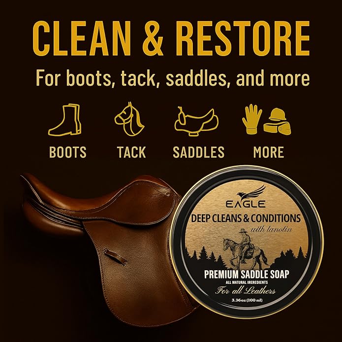 Eagle Saddle Soap for Leather – 3-Piece Saddle Soap Kit for Leather Cleaning, Boots, Tack, and Saddles – Includes Applicator and Cloth – Leather Soap and Conditioner for Leather Boots and Tack Care