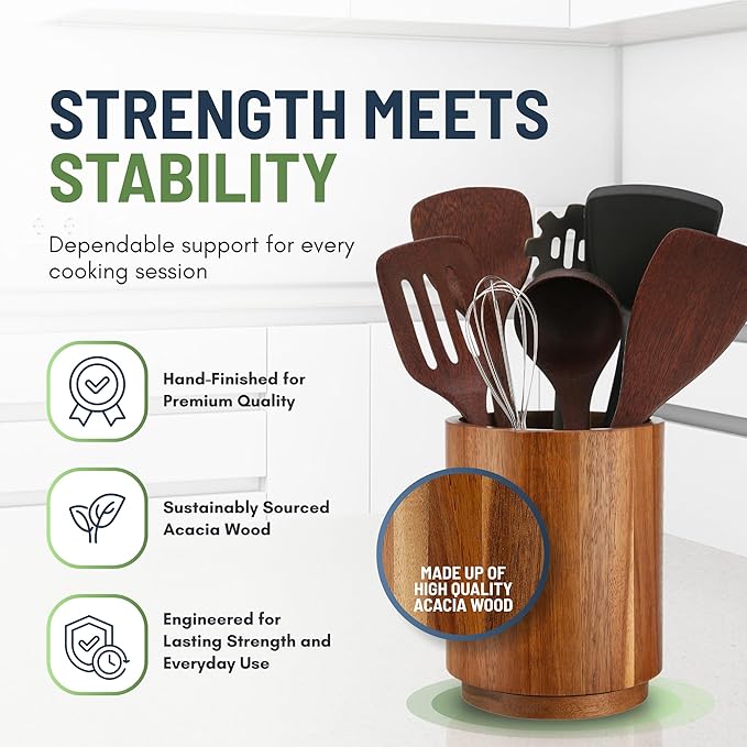Linda's Essentials Acacia Wooden Utensil Holder for Kitchen Counter, 7.2" Wood Utensil Holder Counter, Kitchen Utensils Holder with 360° Rotation, Non-Slip Large Utensils Holders, Spatula Holders
