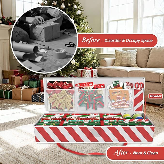 Safana Wrapping Paper Organizer Storage Bag, 42" Durable 600d Oxford Christmas Gift Wrapping Organizer Box Under Bed Storage Containers for Decorations Paper Rolls, Ribbons, Balls, Bows (Red Stripe)