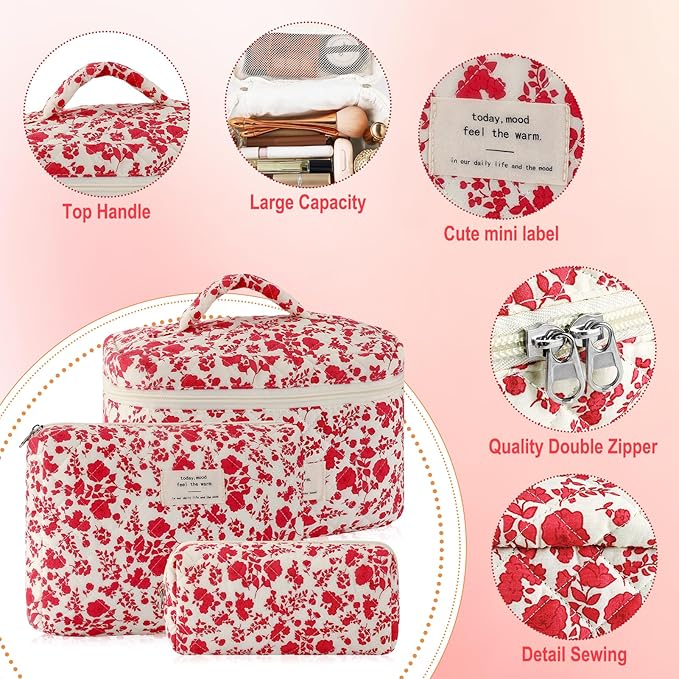 3Pcs Cotton Quilted Makeup Bag for Women Girls Large Small Travel Floral Cosmetic Bag Set Hot Pink Floral Print Zipper Make Up Pouch Aesthetic Cloth Flower Storage Toiletry Bags Organizer