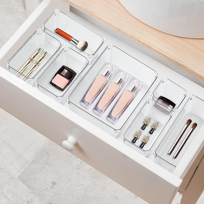 Ravinte 6 Pack Drawer Organizer - 6" X 6" Plastic Storage Bins, Acrylic Organizers with Non-Slip Pads Clear Desk Storage Tray for Makeup, Jewelry, Kitchen Utensils, Bathroom and Office
