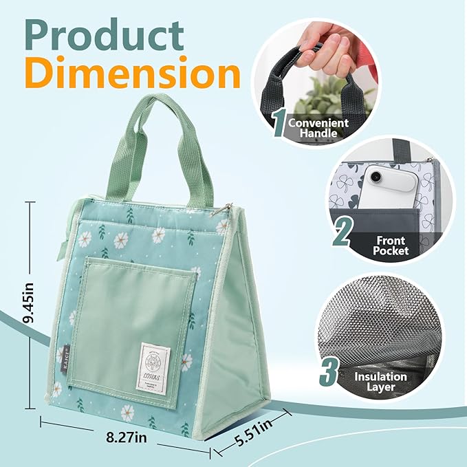 Lunch Bag for Women Men, Reusable Leakproof Lunch Tote with Thermal Lining, 7L Insulated Portable Lunch Box Cooler Bag for Work, Office, Picnic, Beach & Travel –Green Flower(2PACK)