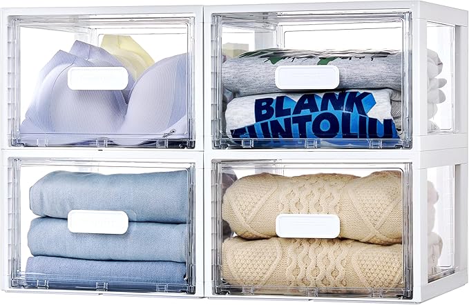 Vtopmart 4 Pack 18QT White Stackable Storage Drawers, Easily Assemble Closet Organizers, Plastic Storage Bins for Bathroom, Cabinet, Kitchen Pantry, Under Sink Organization (Medium)