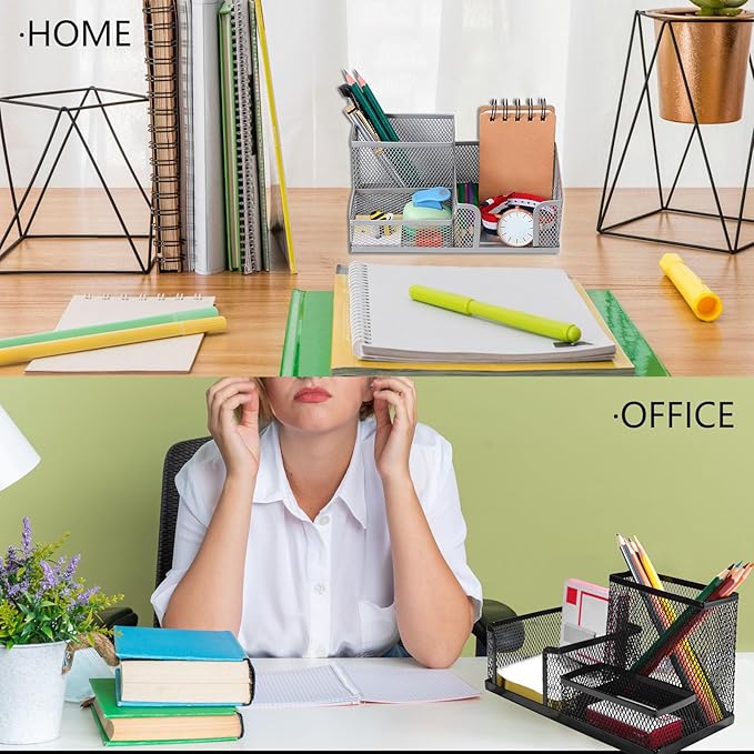 2 Pcs Metal Pen Holder for Desk with 3 Compartments, Office Desktop Organizer Pencil Cup Caddy for Stationery Marker Storage School Home Supplies(Black，Silver (Silver)