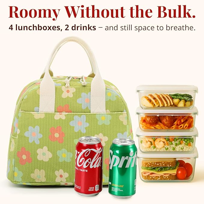 LOVELYWIND Insulated Floral Green Lunch Bag for Women, Corduroy Tote with Aluminum Lining, Large Capacity Reusable Cooler for Work, Travel, Beach or Picnic, Floral Pattern Water-Resistant Lunch Box