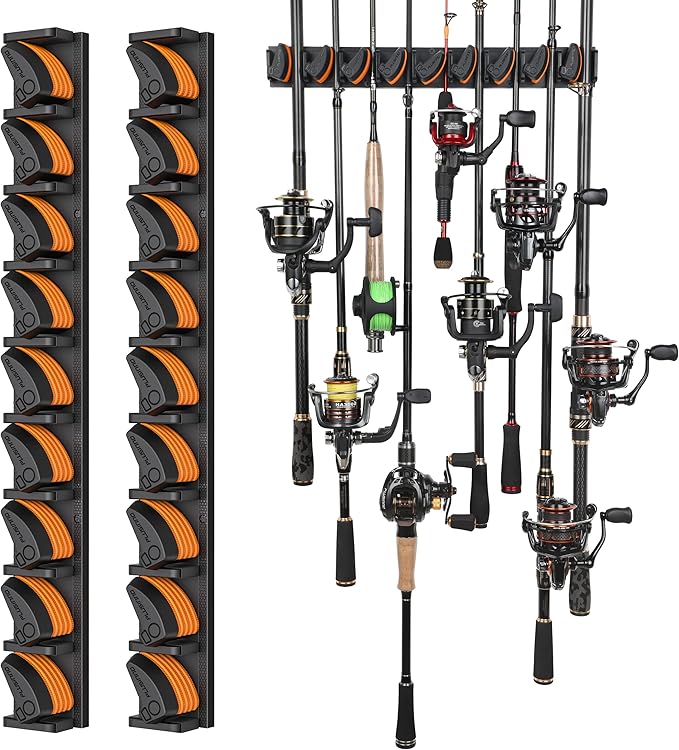 PLUSINNO V9 Vertical Fishing Rod Holders, 2 Packs Wall Mounted Fishing Pole Holders, Fishing Rod Racks Hold Up to 18 Rods or Combos, Fishing Pole Holders for Garage, Fishing Gear and Gifts for Men