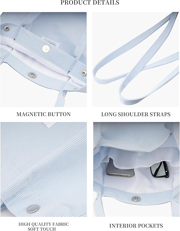 Corduroy Tote Bag Cute Tote Bags for Women Shoulder Bag with Inner Pocket for Work Beach Travel and Shopping Grocery