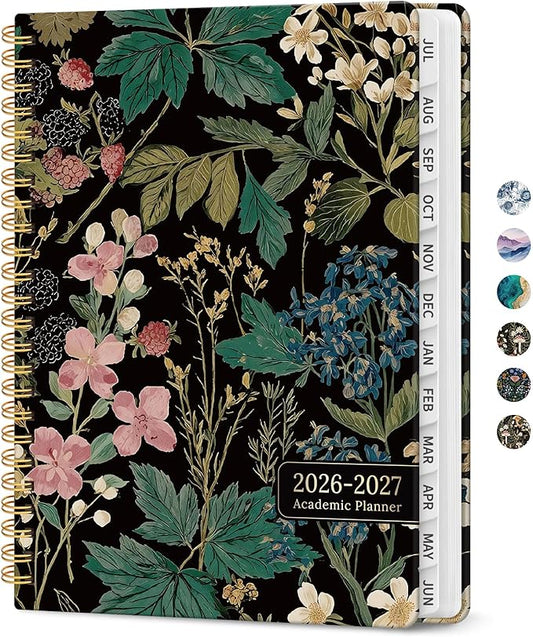 Planner 2026-2027, Academic Monthly and Weekly Calendar Planner for Women, July 2026 - June 2027, Hardcover Pretty Agenda Planner Book with Tabs, Spiral Daily Organizer for School Office Home Supplies, 6.3" x 8.5" - Forest Botanica