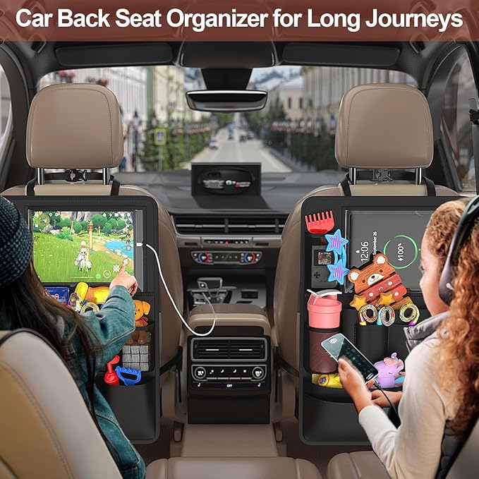 Backseat Car Organizer with Touch Screen, 2 PACK Car Organizer Kick Mats Back Seat Protector with 10pcs Storage Pockets, Car Seat Back Organizers Storage for Kids Road Trip Essentials