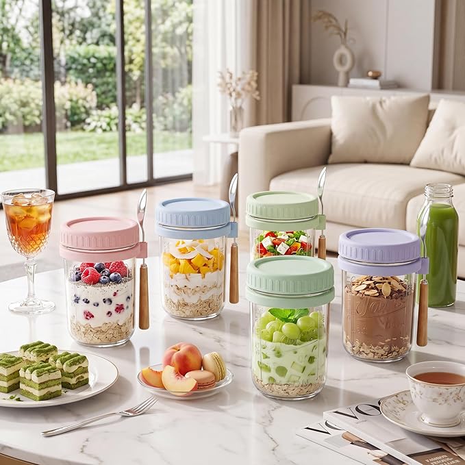 HomArtist 16oz Overnight Oats Containers with Lids and Spoons, 6 Pack Wide Mouth Mason Jars with Airtight Lids, Overnight Oats Jars for Salad, Chia Seed, Cereal, Yogurt