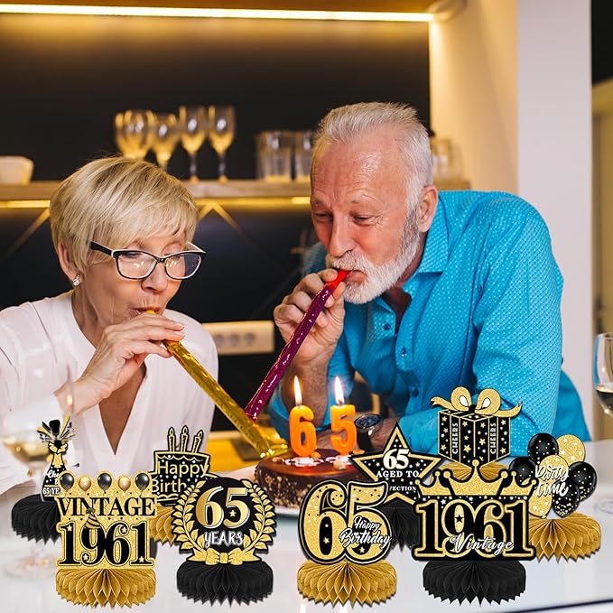Refavor 65th Birthday Decorations for Men - 9PCS Vintage 65th Birthday Honeycomb Centerpieces Table Decorations Women, Black Gold 1961 Happy 65 Years Bday Party Decor