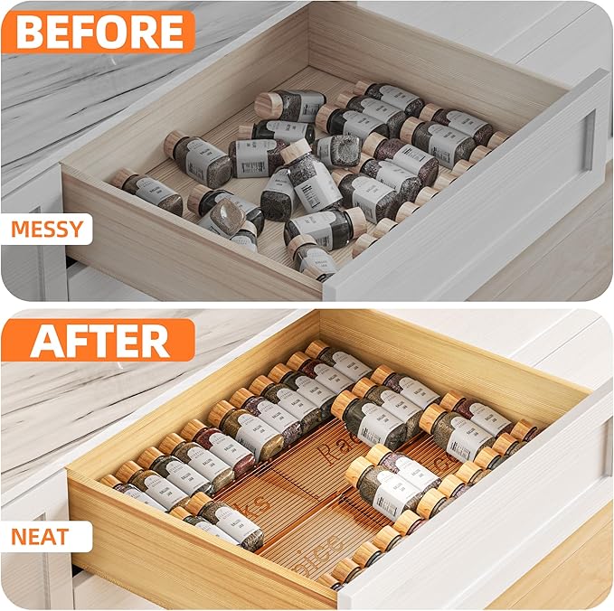 PanPanPal Spice Drawer Organizer, 2 Tier- 2 Pack Amber Acrylic Drawer Seasoning Organizer, Expandable From 11'' to 22'' Kitchen Spice Rack Organizers and Storage for Drawer (Jars not included)