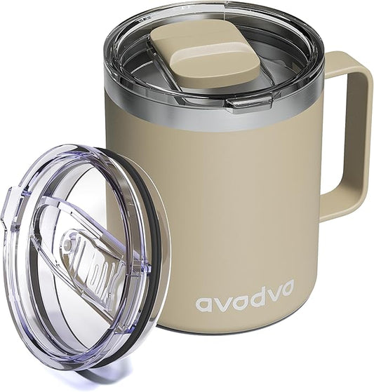 12oz Insulated Coffee Mug with Lid – Includes Two Lids, Stainless Steel Coffee Travel Mug with Handle, Double Wall Vacuum Insulated Camping Mug for Home, Office & Outdoor, Brown