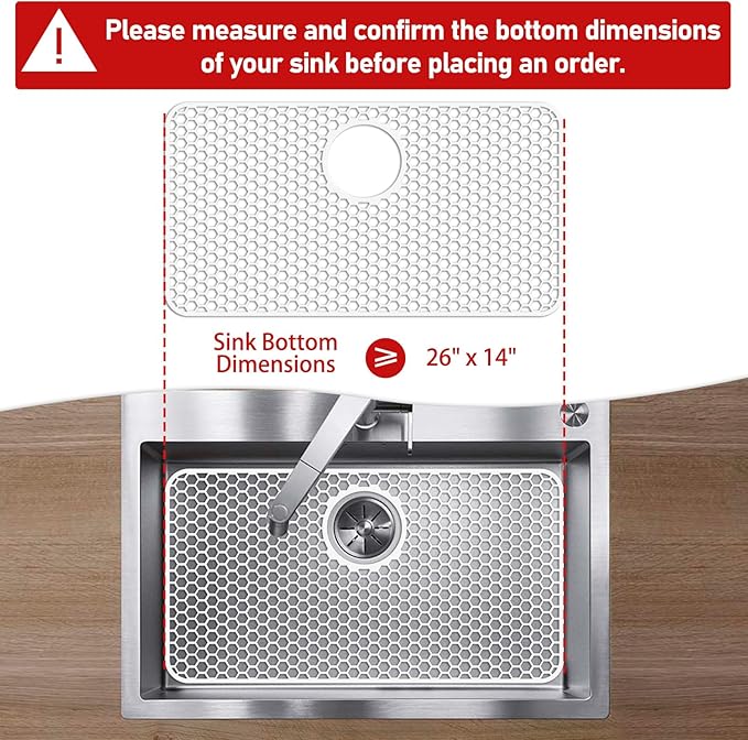 Silicone Sink Protectors for Kitchen Sink - 26"x 14" Kitchen Protector Accessory, Non-Slip Heat Resistan Mat for Bottom of Farmhouse Stainless Steel Porcelain (Rear Drain Hole,White)